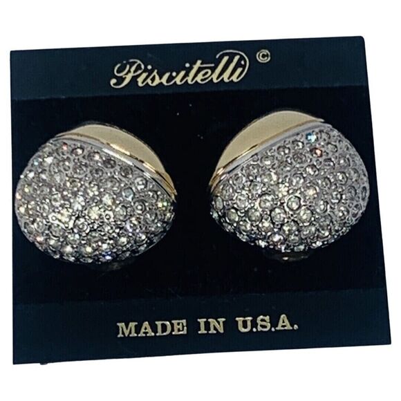 Piscitelli Crystal Dome Gold Button Earrings 1” Clip On Designer - Picture 9 of 12